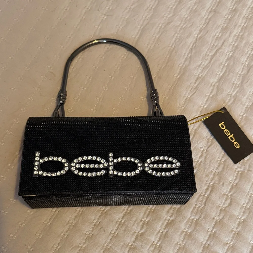 Bebe Black Sparkly Handbag w/ Rhinestone Logo, 5" Metal Handle + Silver Chain - Picture 1 of 10
